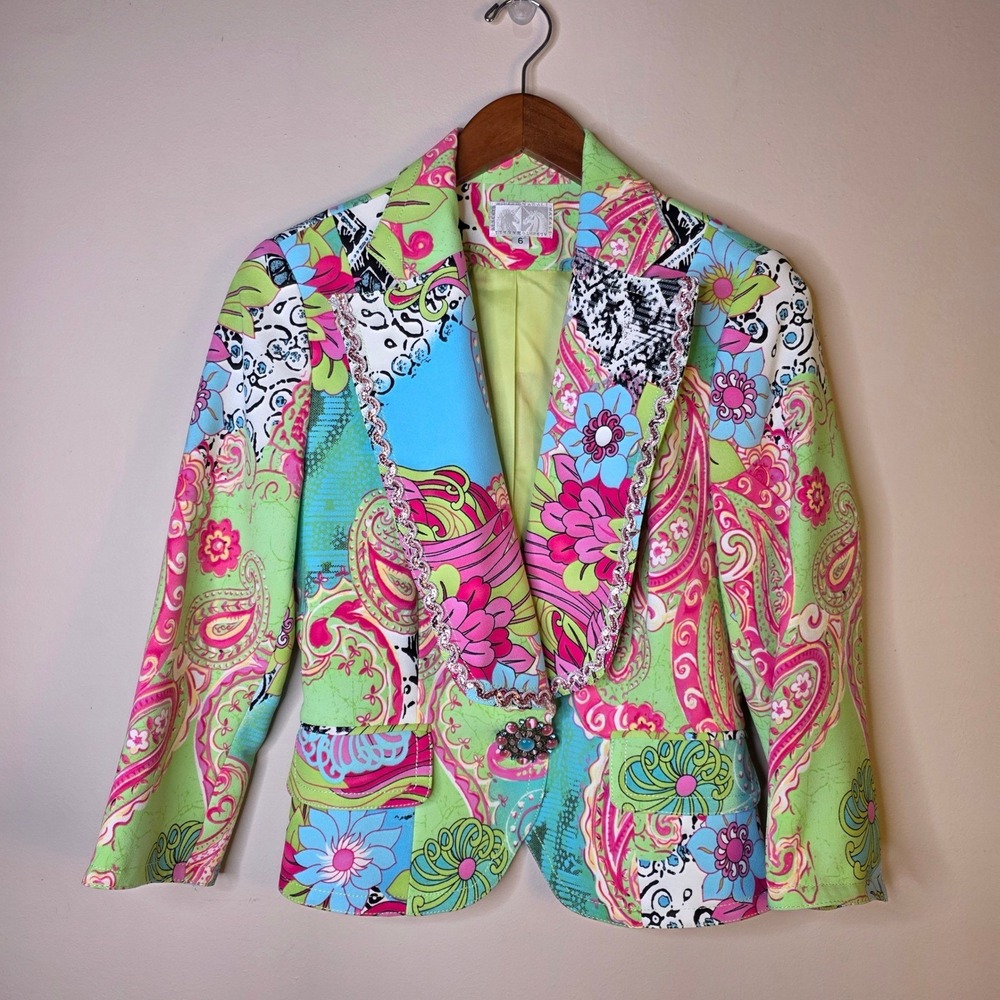 Vintage Alberto Makali Blazer Jacket Womens 6 Paisley Floral Jeweled Sequin - Picture 2 of 13